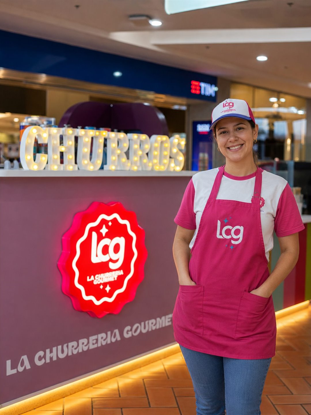 Funcionária da La Churreria Gourmet em frente ao quiosque